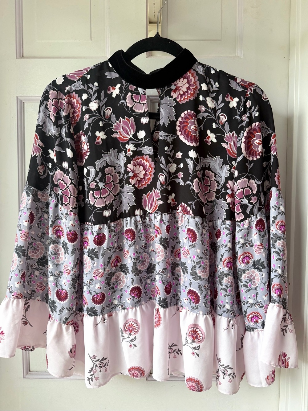 LOFT Pink and Black Floral Tiered Blouse Size XS